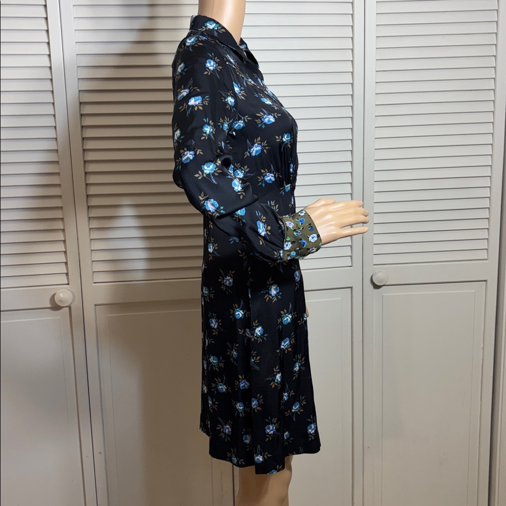 Sandro Black Long-Sleeves Floral Shirt Dress with Blue Rose Print Size 4 - Picture 7 of 16
